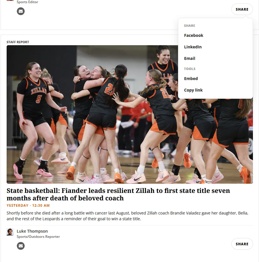 Sharing options are built into the content cards, with native mobile sharing and a desktop popover.